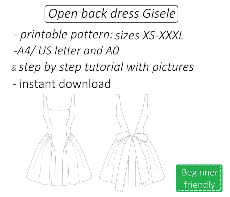 Puede incluir: Dibujo de l&iacute;nea de un vestido con la espalda abierta, con un lazo en la cintura. El texto "Open back dress Gisele" est&aacute; en la parte superior de la imagen. El texto "printable pattern: sizes XS-XXXL" est&aacute; debajo del vestido. El texto "A4/US letter and AO" est&aacute; debajo del texto anterior. El texto "& step by step tutorial with pictures" est&aacute; debajo del texto anterior. El texto "instant download" est&aacute; debajo del texto anterior. El texto "Beginner friendly" est&aacute; en un cuadro verde en la parte inferior derecha de la imagen.