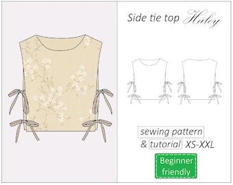 Side tie top pattern Haley, crop top pattern PDF, easy summer top sewing pattern women - instant download, sizes XS - XXXL