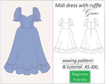Sweetheart dress pattern Grace, milkmaid puff sleeves cottagecore dress pattern, vintage women sewing patterns PDF - instant download