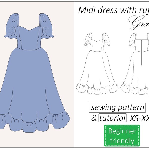 Sweetheart dress pattern Grace, milkmaid puff sleeves cottagecore dress pattern, vintage women sewing patterns PDF - instant download