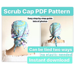 Scrub cap pattern, scrub hat sewing pattern scrub cap ponytail PDF scrub caps for women surgical cap nurse medical instant download