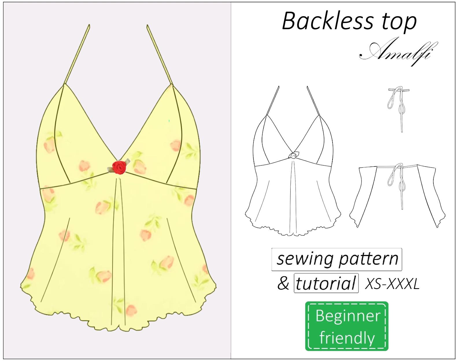 Top pattern Amalfi, backless halter neck top sewing pattern PDF, y2k open back summer bra top pattern for women - instant download, XS -XXXL