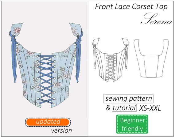 Updated Corset top pattern Serena, front lace corset pattern PDF, crop top bustier sewing pattern - instant download, sizes XS - XXL