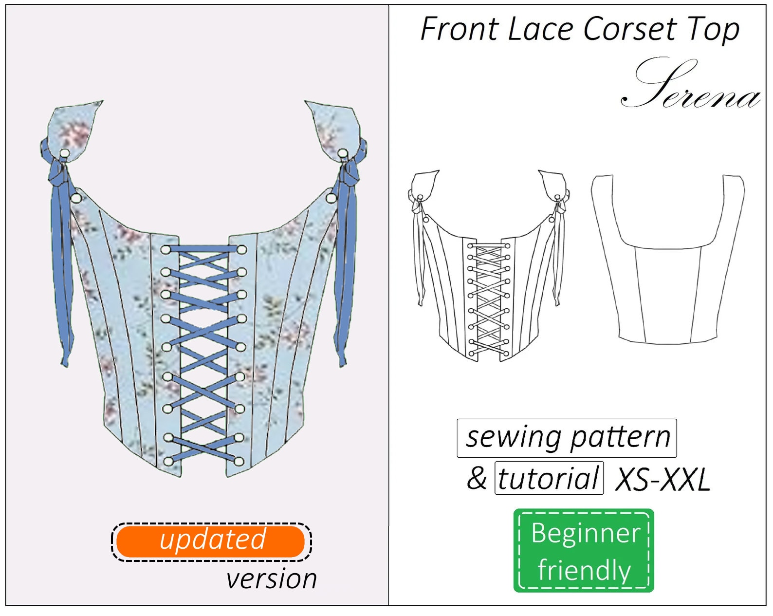 Zaktualizowany wzór na gorset Serena, wzór na gorset z koronką z przodu w formacie PDF, wzór na gorset crop top - do pobrania natychmiast, rozmiary XS - XXL