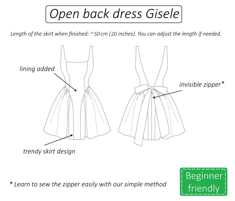 Puede incluir: Dibujo de l&iacute;nea de un patr&oacute;n de vestido con espalda abierta, con un lazo y una cremallera invisible. El texto "Open back dress Gisele" est&aacute; en la parte superior de la imagen. El texto "Length of the skirt when finished: ~50 cm (20 inches). You can adjust the length if needed." est&aacute; debajo del t&iacute;tulo. El texto "lining added" est&aacute; en el lado izquierdo de la imagen. El texto "trendy skirt design" est&aacute; debajo del lado izquierdo de la imagen. El texto "invisible zipper*" est&aacute; en el lado derecho de la imagen. El texto "* Learn to sew the zipper easily with our simple method" est&aacute; debajo de la imagen. El texto "Beginner friendly" est&aacute; en un cuadro verde en la parte inferior derecha de la imagen.
