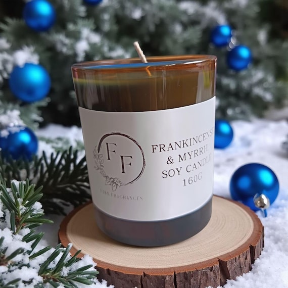 Frankincense and Myrrh Festive Scented Soy Wax Candle, Fresh Fragranced Blue Coloured Candle, Christmas Themed Home Fragrance