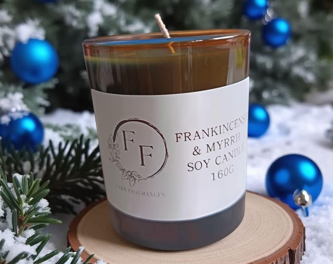 Frankincense and Myrrh Soy Wax Candle, Christmas Scent, Recycled Glass