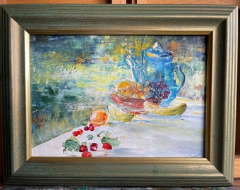 Summer still life with blue kettle. Original art, oil painting