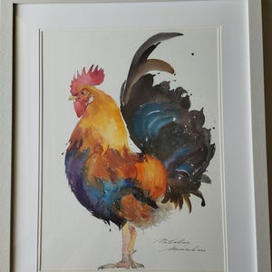 Hoofdhaan op de boerderij #9. Origineel aquarelschilderij