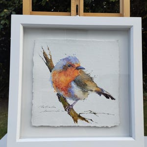 Pájaro petirrojo. Acuarela original enmarcada. Suffolk, Inglaterra