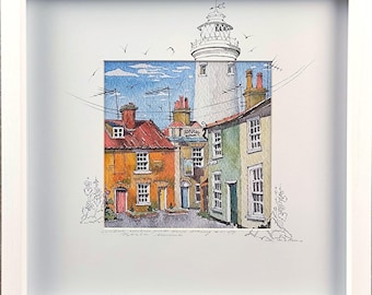Southwold Lighthouse Limited edition print with hand-drawing, signed in frame