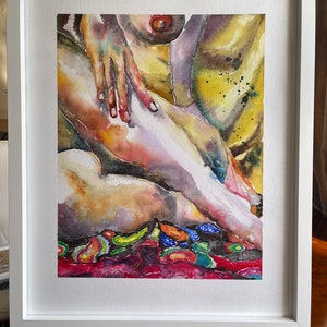 Draped lady sitter. Original abstract art. Watercolor in frame