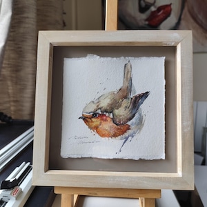 Pájaro petirrojo (Erithacus rubecula). Pintura original de acuarela en marco de madera. Pintado por Nataliia Moiseienko, Suffolk
