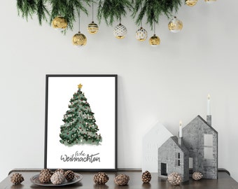 Poster with watercolor Christmas tree hand-painted with hand lettering “Merry Christmas” pdf, jpg