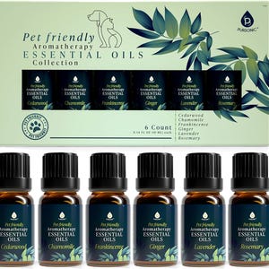 May include: A set of six amber glass essential oil bottles with black caps, labeled Cedarwood, Chamomile, Frankincense, Ginger, Lavender, and Rosemary. The packaging is a light green box featuring the text Pet friendly Aromatherapy ESSENTIAL OILS Collection and 0.34 FL OZ (10 ML) each.
