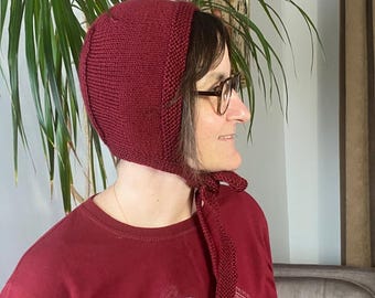 Handmade Knit Bonnet: Burgundy Bow Tie Balaclava, Adult Cozy Winter Hood, Vintage Warm Hat