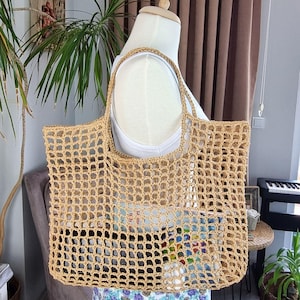 Straw Mesh Tote Bag, Crochet Raffia Beach Bag, Natural Raffia Net Bag, Wicker Lightweight Shoulder Bag, Raffia Summer Bag, Women Raffia Bag