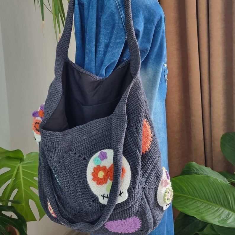 Versatile Crochet Bag - Perfect for Shoulder or Tote Use - skull tote bag - sugar skull bag - sugar skull - travel bag - knitting bag - project bag