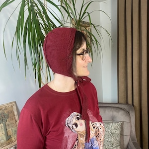Knit Bonnet for Adults, Handmade Bow Tie Bonnet in Burgundy, Balaclava with long ties, Crochet Winter Warm Hat, Unisex Cozy Winter Hood