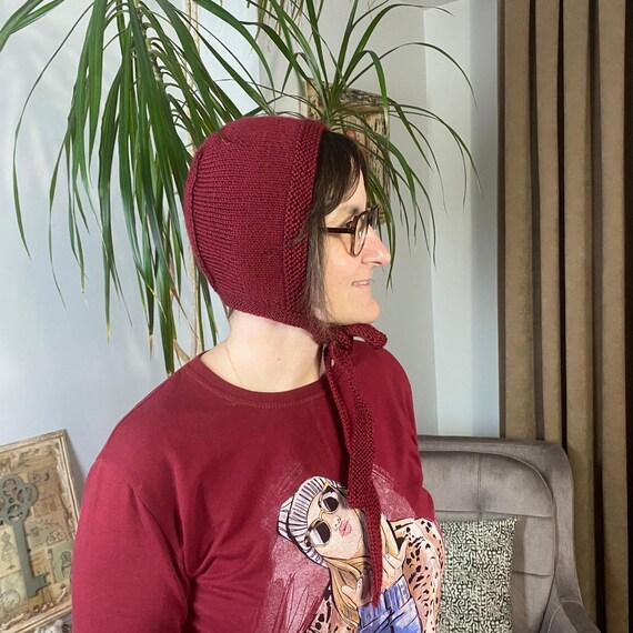 Handmade Knit Bonnet: Burgundy Bow Tie Balaclava, Adult Cozy  display picture 2