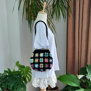 Black Granny Square Crochet Clutch: Vintage Kiss Lock Purse
