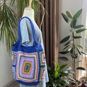 Blue Crochet Granny Square Tote Bag: Boho Cotton Shoulder Bag
