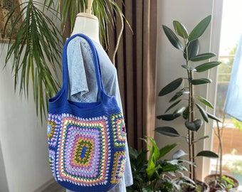 Blue Crochet Granny Square Soulder Bag in Retro Style, Colorful  Bag, Gift for mother, Woman purse, Hobo  Tote Bag, Beach Bag, Vintage Style