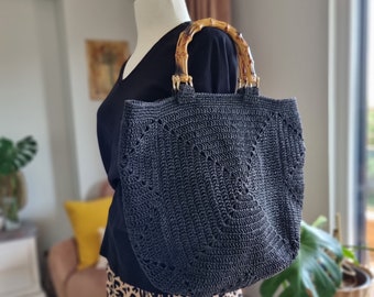 Paper Yarn Handbag with wooden handle, Paper Yarn Top Handle Bag ,Summer Bag, Black Crochet summer bag ,Bamboo handle handbag, gift for her