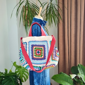 Crochet Granny Square Tote Bag: Handmade Cotton Shoulder Bag
