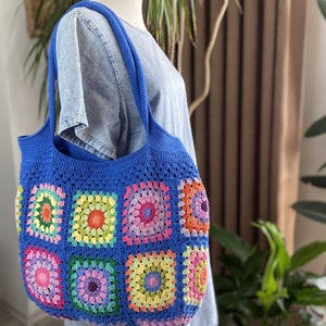 Blue Crochet Granny Square Tote Bag: Handmade Boho Market Bag