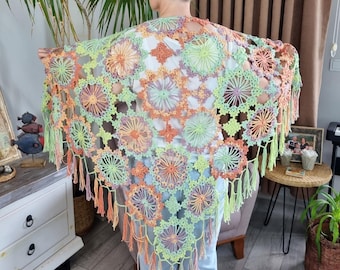 Handmade Crochet Cotton Shawl: Multicolor Boho Cape with Fringe, Wedding Wrap, Hand Knit Poncho