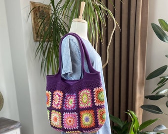 Purple  Crochet Granny Square Soulder Bag in Retro Style,- Boho Bag - Colorful Tote Bag  - Gift for her - Vintage Style - Beach Bag-