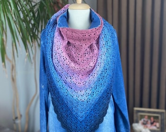 Crochet Cotton Shawl: Blue-Pink Hand Knit Wrap, Evening Scarf, Boho cover up, Summer shawl