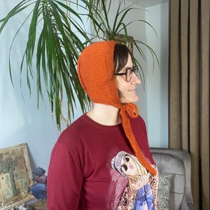 Knit Bonnet for Adults, Handmade Bow Tie Bonnet in Orange, Balaclava with long ties, Crochet Winter Warm Hat, Unisex Cozy Winter Hood