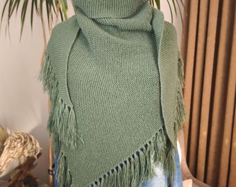 Hand Knit Wool Shawl: Sage Green Fringe Wrap, Crochet Bride Winter Cover Up