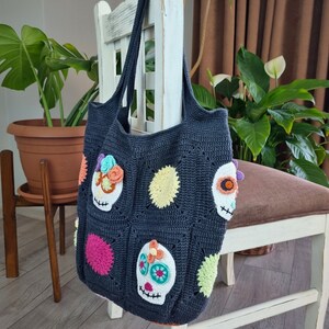 Stylish Skull Pattern Tote Bag - Handmade Crochet Gift for Her - crochet handbag - crochet tote - Knit Shoulder Bag - Boho Bag - Market Bag