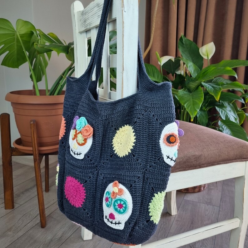 Stylish Skull Pattern Tote Bag - Handmade Crochet Gift for Her - crochet handbag - crochet tote - Knit Shoulder Bag - Boho Bag - Market Bag