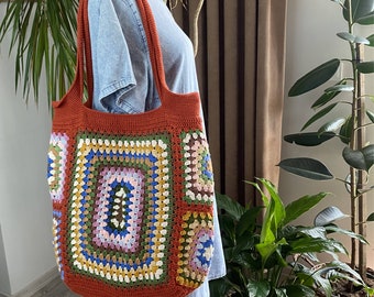 Colorful Copper Crochet Granny Square Soulder Bag in Retro Style - Tote  Boho Bag - Hobo Bag - Gift for her - Vintage Style - Beach Bag -