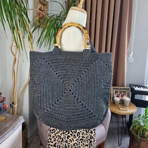 Handmade Crochet Raffia Tote Bag: Bamboo Handle Granny Square Handbag