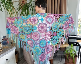 Handmade Crochet Shawl : Hand Knit Wrap with Fringe, Wedding Boho Cape