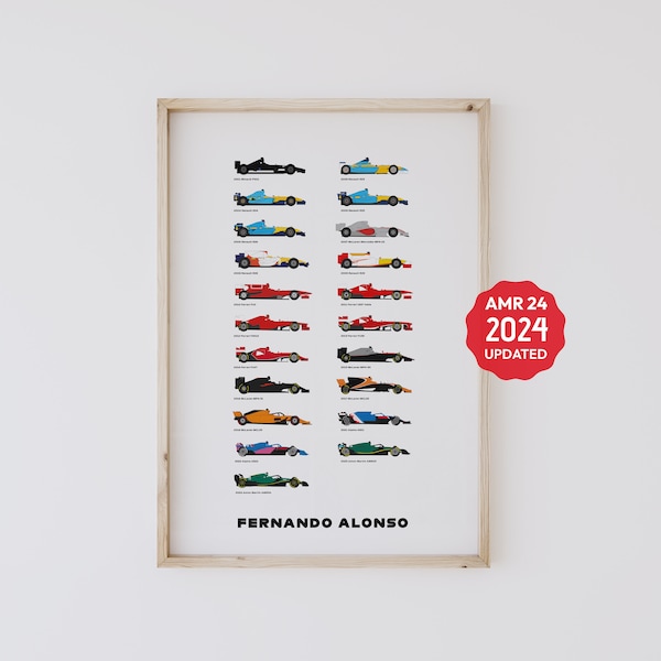 Fernando actualizado Todos los autos / Todos los autos de fórmula / Cartel de Fernando actualizado / Leyendas de fórmula / Cartel imprimible de fórmula / Decoración de pared de fórmula