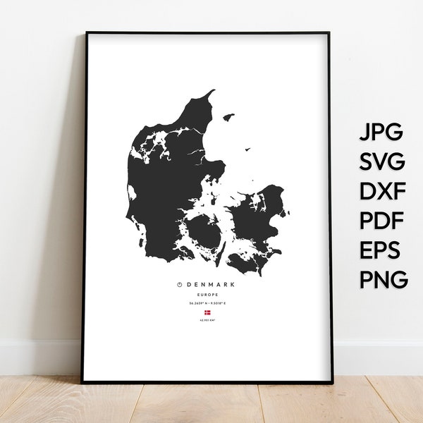 Denmark Map Svg Png Pdf Dxf Eps | Denmark Print | Denmark Vector File | Denmark Wall Decor | Country Map | Wall Art | Digital Download