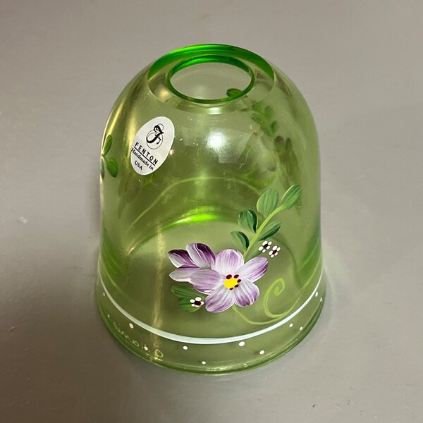 RARE Hand painted and Signed Green Floral Fenton Fairy Lamp TOP ONLY