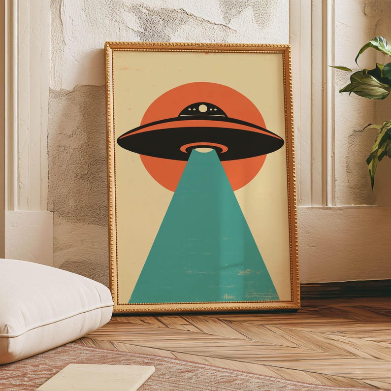 Alien spaceship poster for a retro futuristic home and room decor.