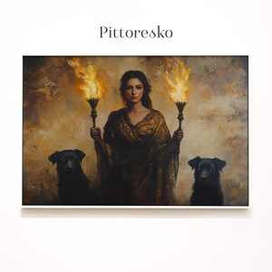 May include: A woman in a gold dress holds two lit torches, standing between two black dogs. The background is a warm, textured brown with hints of gold.
