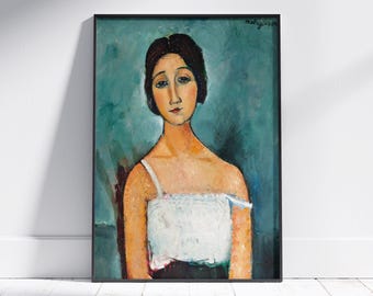 Amedeo Modigliani Digital Wall Art Portrait of a Woman in Light Blue Tones, Vintage Italian Print