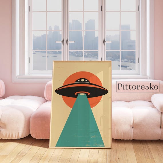 Ufo Arte da Parete Digitale Minimalista, Stampa Disco Volante Alieno, Poster Retrò Anni '60, Regalo Appassionati Ufologia e Misteri Spazio