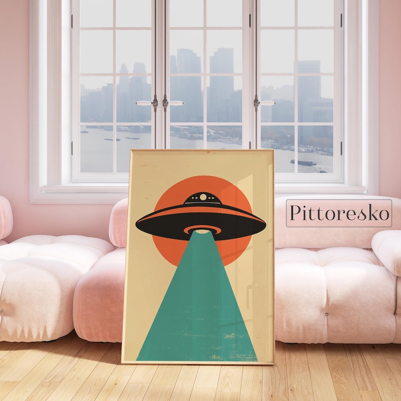 Vintage minimalist UFO muted tones art print.