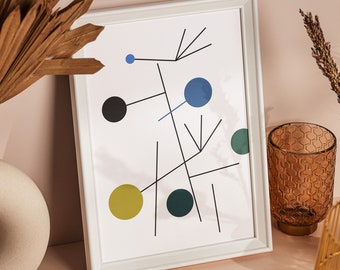 May include: A white framed print with a geometric abstract design featuring black, white, blue, green, and yellow circles connected by black lines.