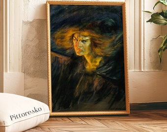 Vintage Gothic Art Print for a Dark Academia Room Decor, Woman Lucifer Retro Poster, Dark Wall Art, Fallen Angel Painting, DOWNLOAD